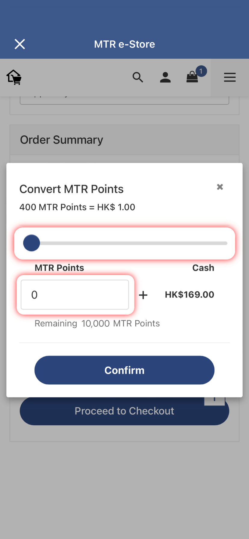 Slide or input amount of converted MTR Points and click 'Confirm'