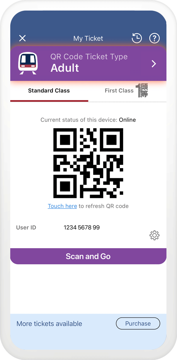 Scan the generated QR code at the QR code reader of designated gates to enter or exit. The designated gates are wrapped with prominent purple stickers for easy identification.