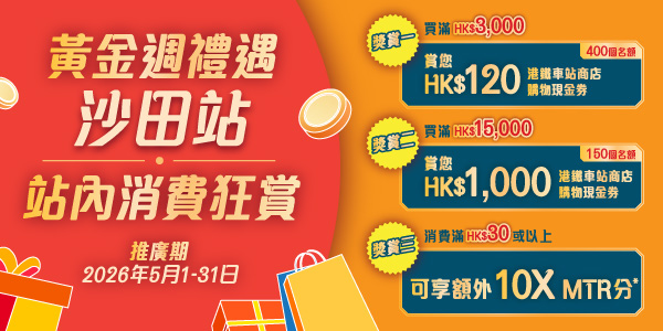 新春禮遇！香港西九龍，落馬洲及羅湖站 站內消費狂賞
消費滿HK$500 即送港鐵車站商店購物現金券HK$50