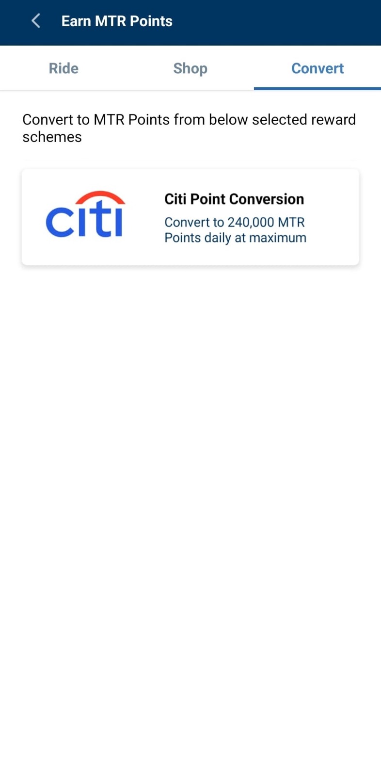 Log into MTR Mobile, select "Conversion" via "Earn" page on Homepage