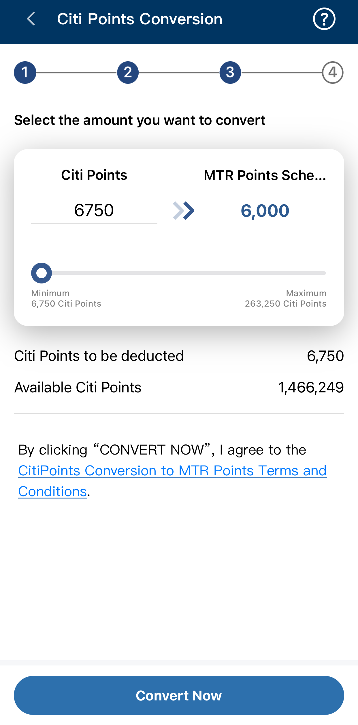 Enter the amount of Citi Points you would like to convert