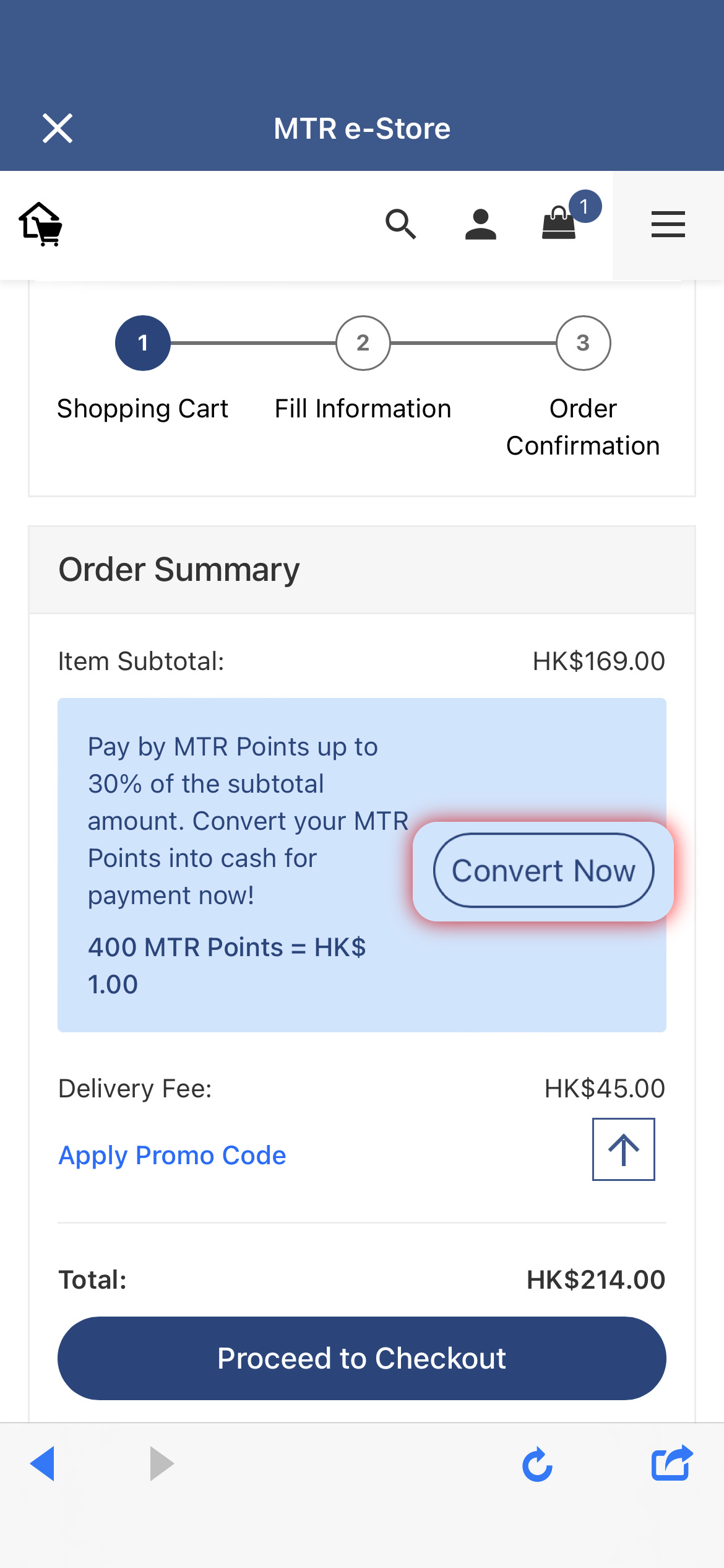 Click 'Convert Now' under Order Summary in Shopping Cart page