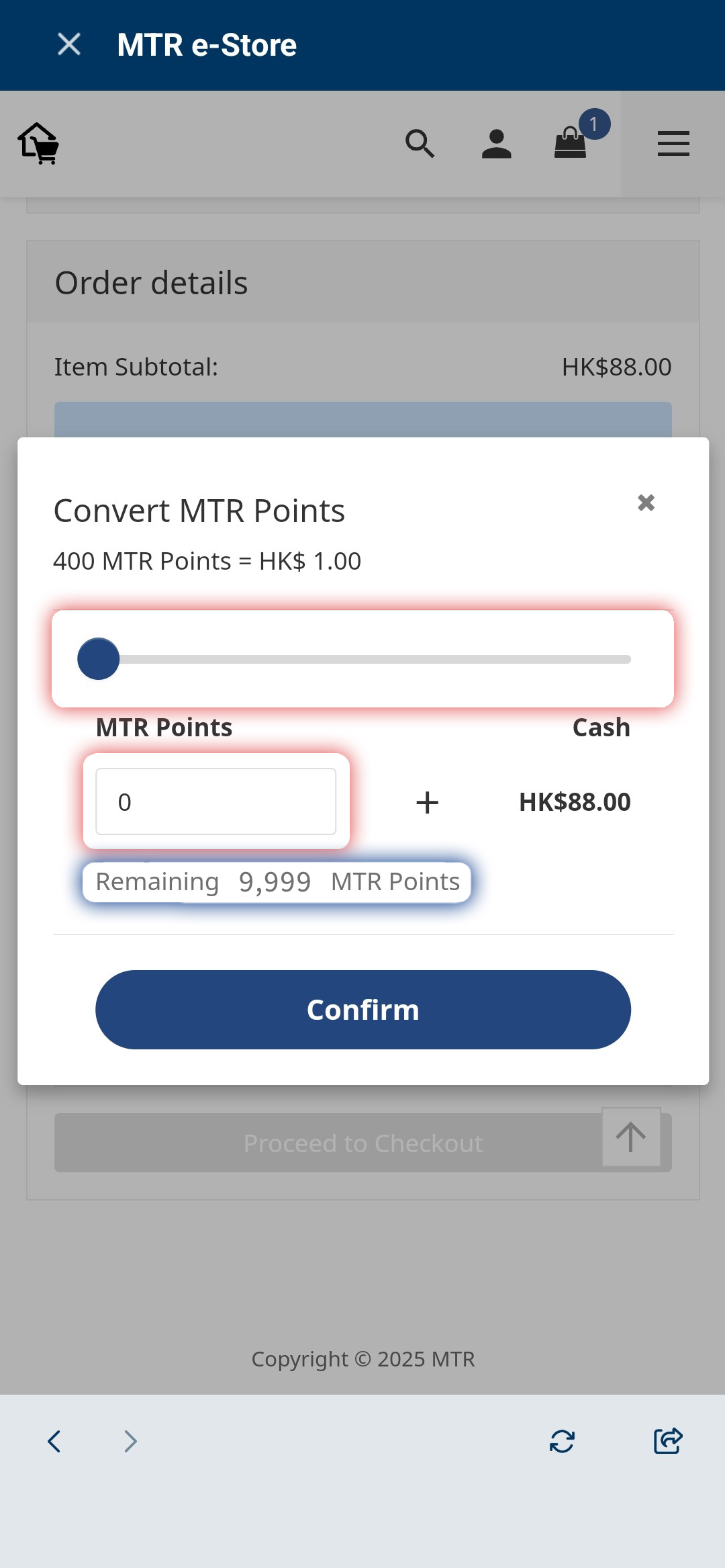 Slide or input amount of converted MTR Points and click 'Confirm'
