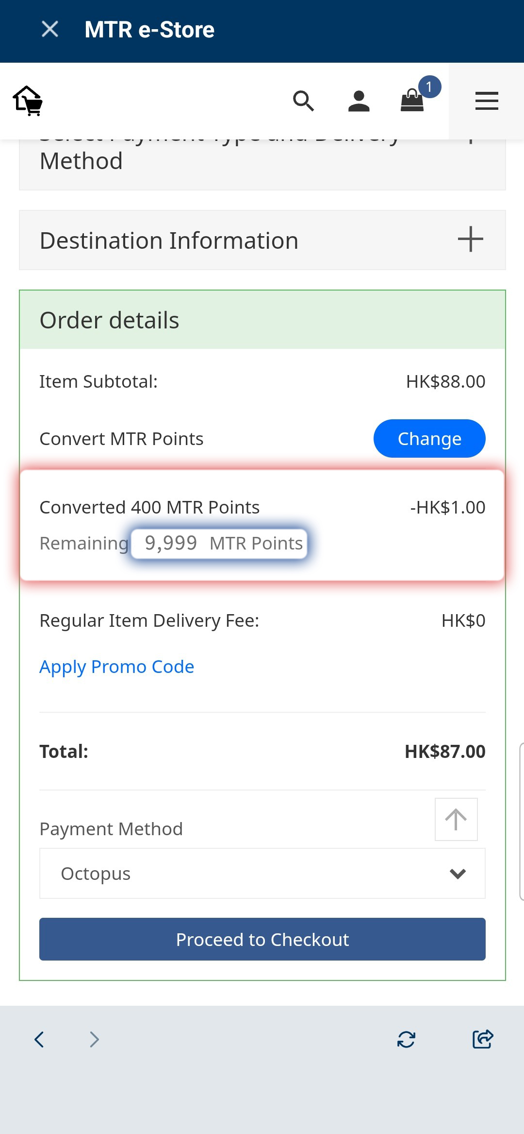 The net payment amount will be updated after deducting the converted MTR
                                            Points, click 'Proceed to Checkout' to complete payment