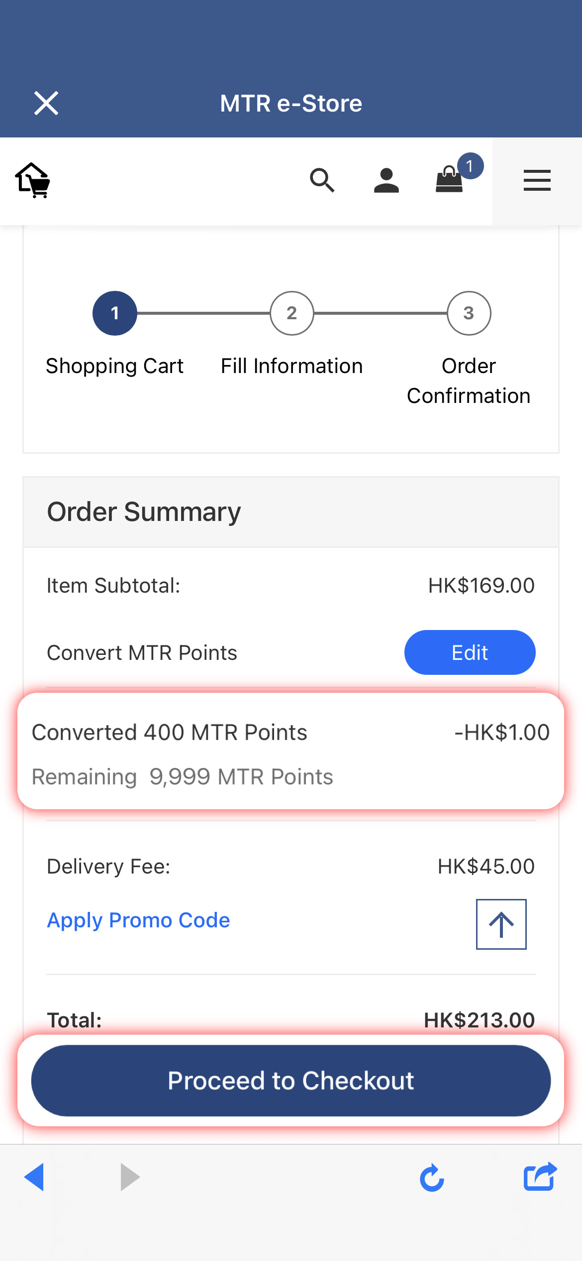 The net payment amount will be updated after deducting the converted MTR
                                                            Points, click 'Proceed to Checkout' to complete payment