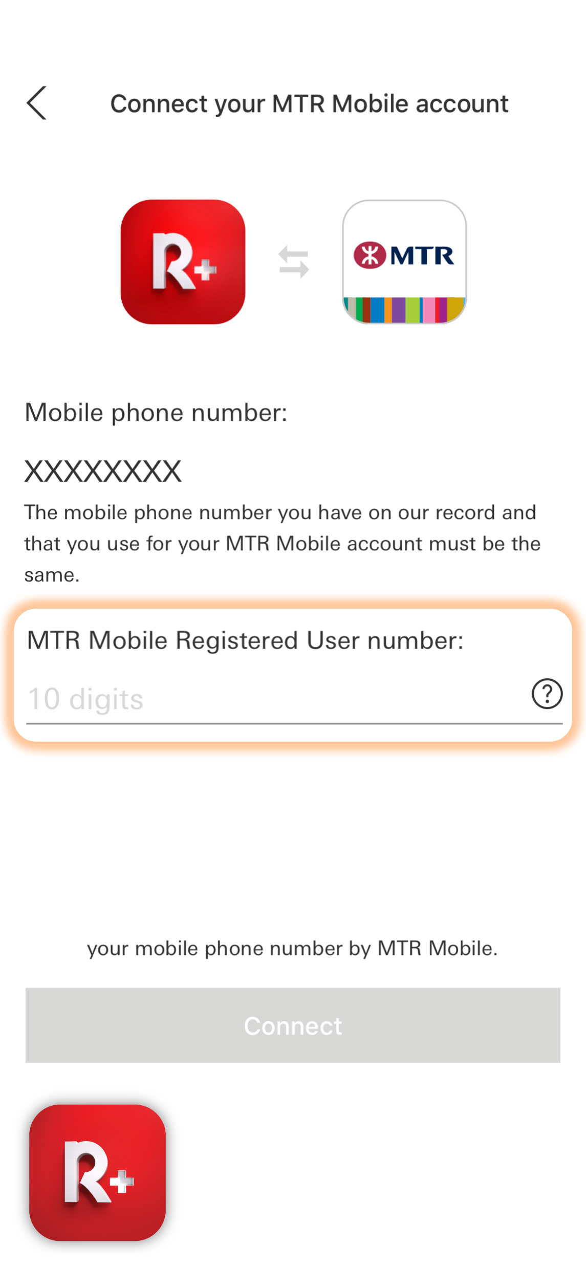 Enter the MTR Mobile account number and enter the one-time verification code sent to your mobile phone to complete the connecting account