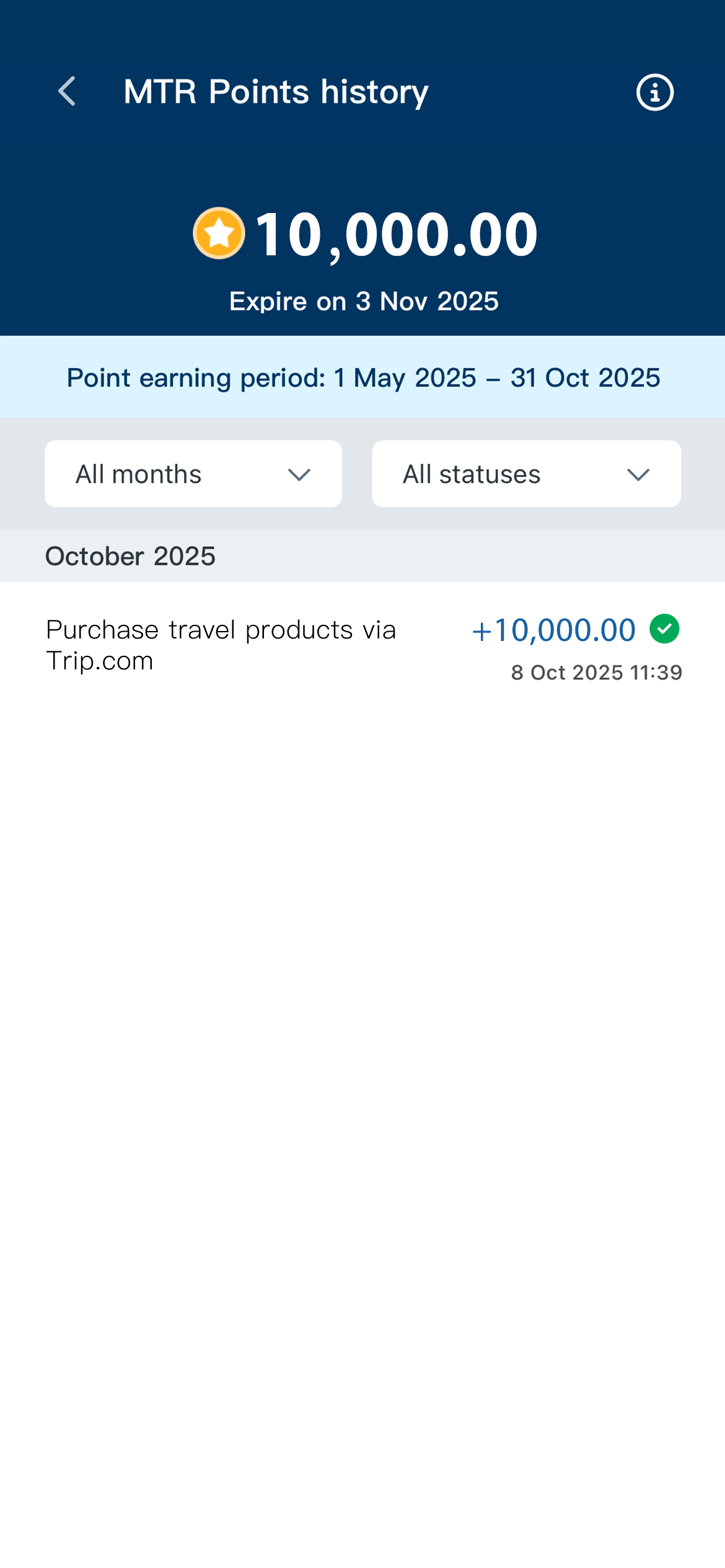 MTR Points will be credited to the account within 90 days from completion date of valid booking
