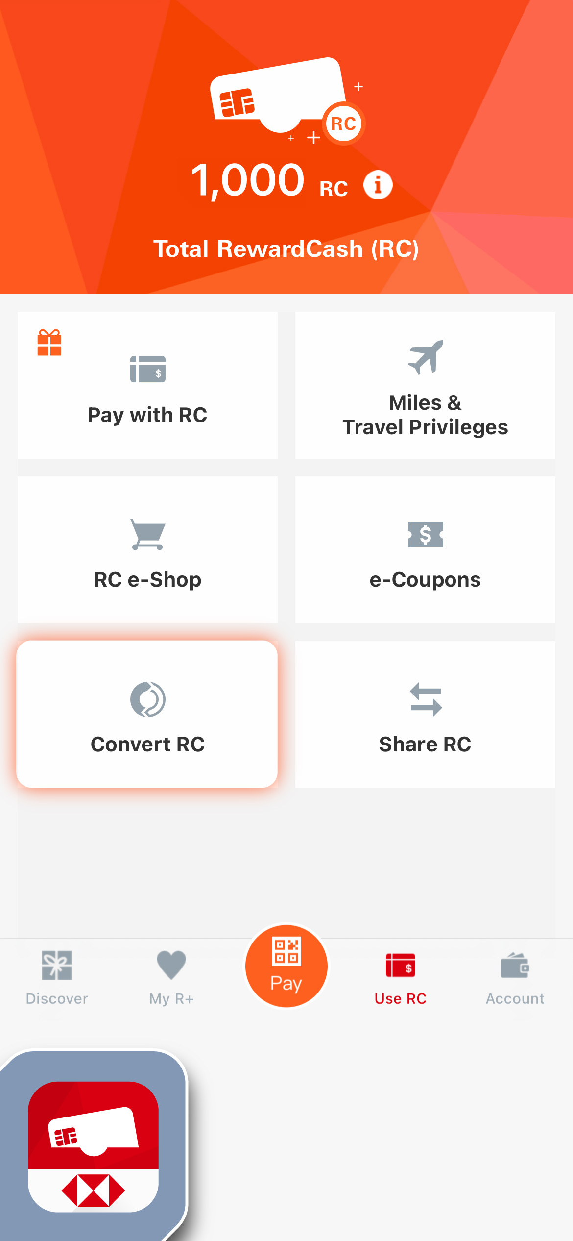 Log on HSBC Reward+, choose “Convert RC” and then select MTR Mobile