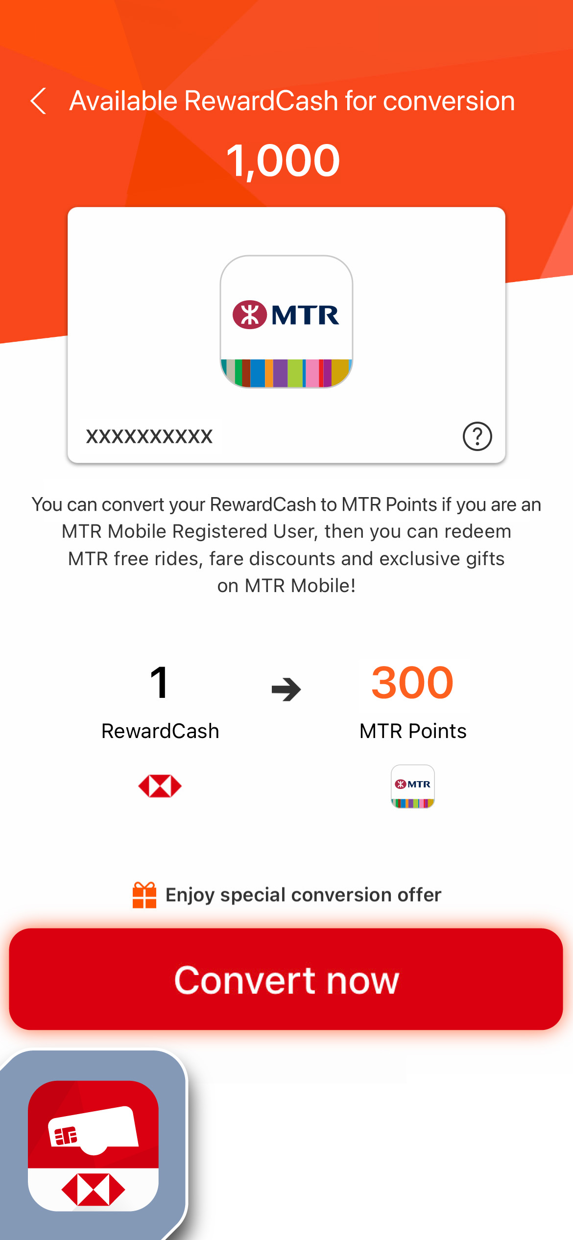 Convert HSBC RewardCash to MTR Points after connecting account successfully