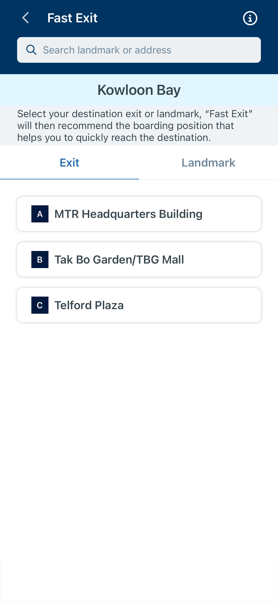 Pick or search for an exit or landmark as your destination