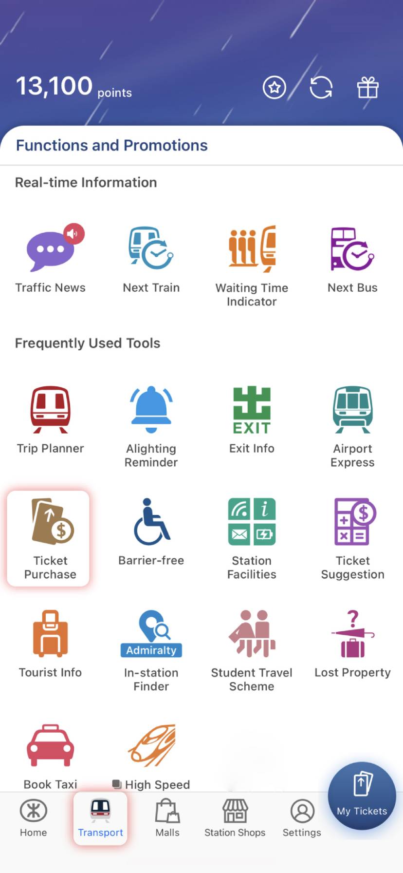 Tap 'Ticket Purchase' on the page of Transport