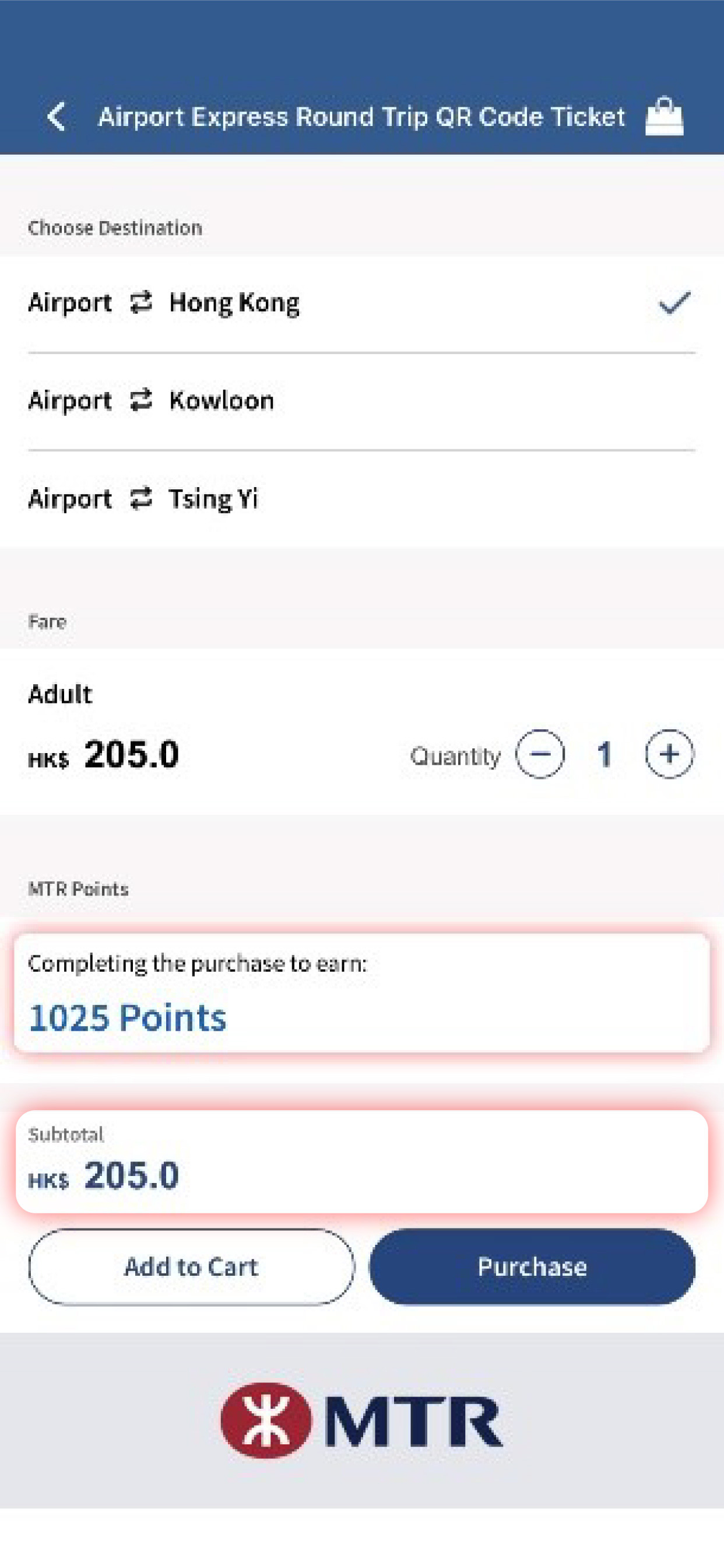 Select the destination and the quantity required, the ticket information including MTR points earned and ticket price subtotal will be displayed