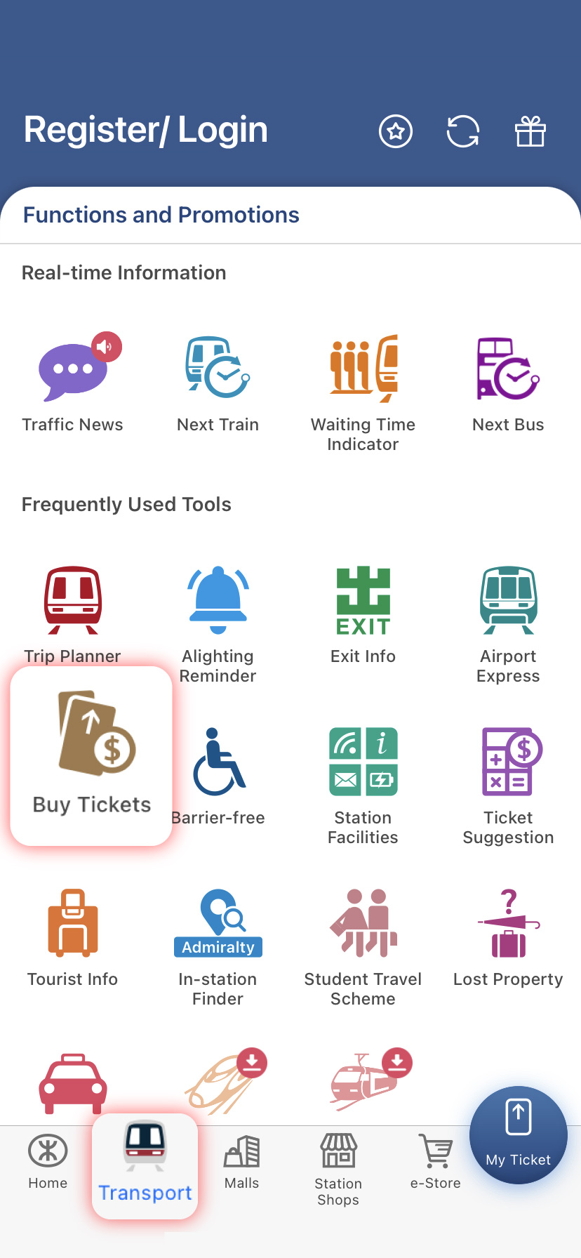Tap 'Tickets' on the page of Transport