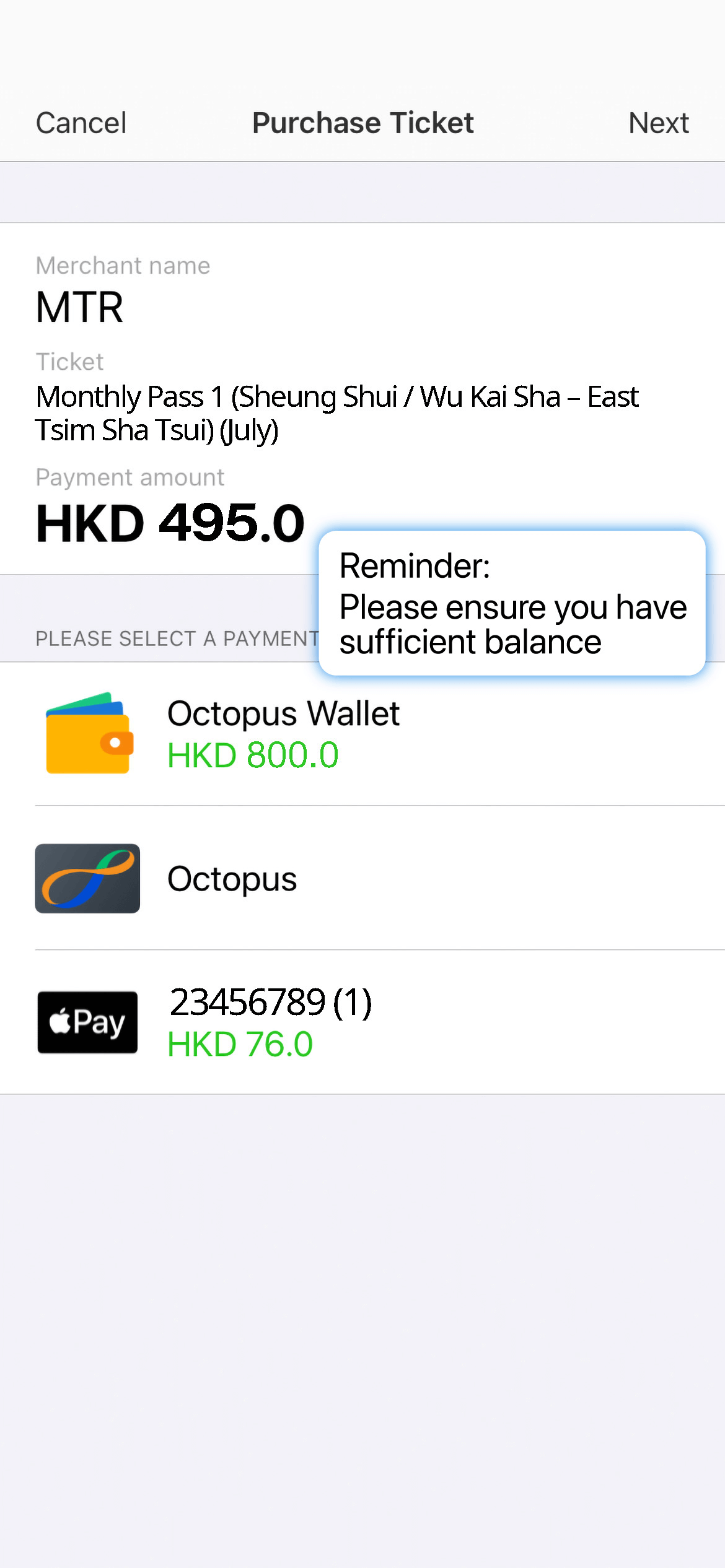 You will be redirected to Octopus App to select a payment method