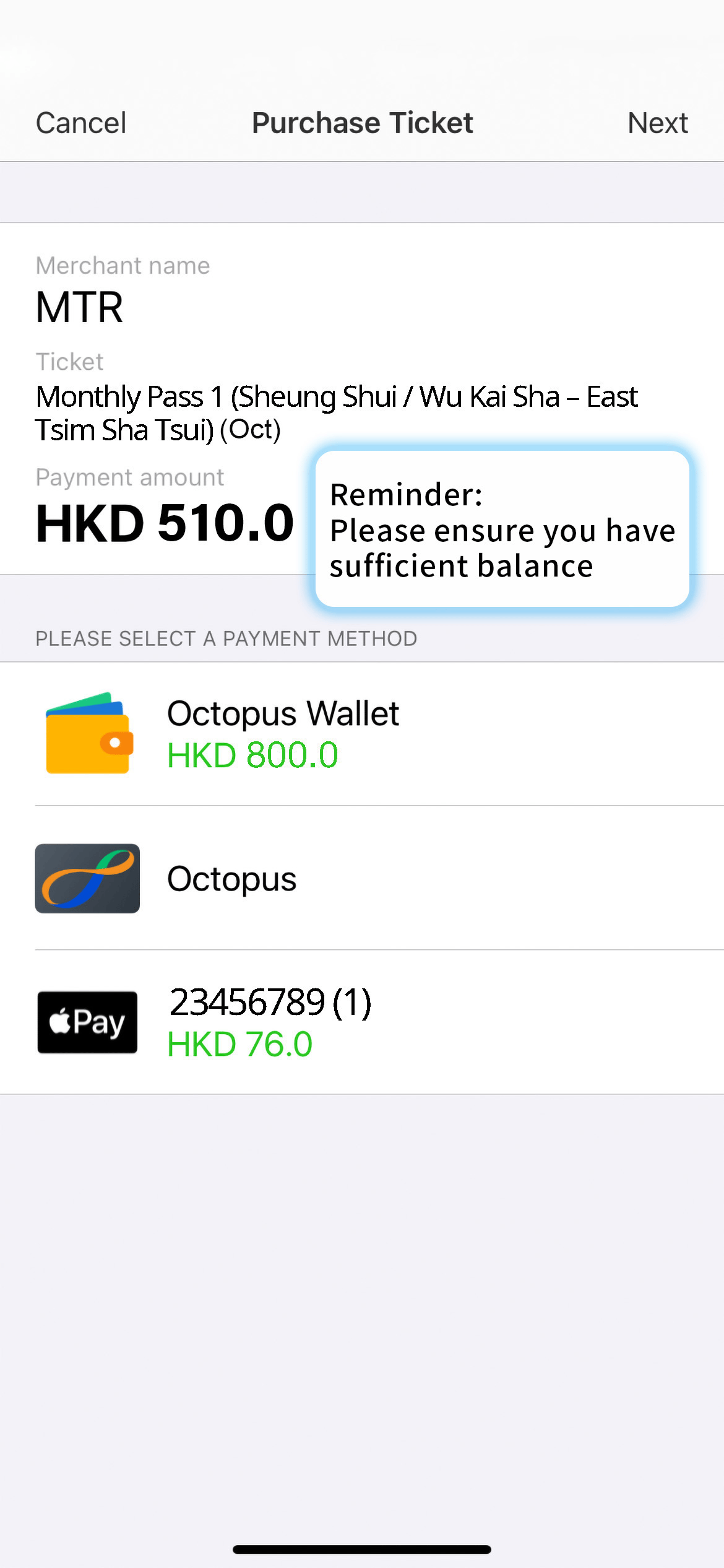 You will be redirected to Octopus App to select a payment method