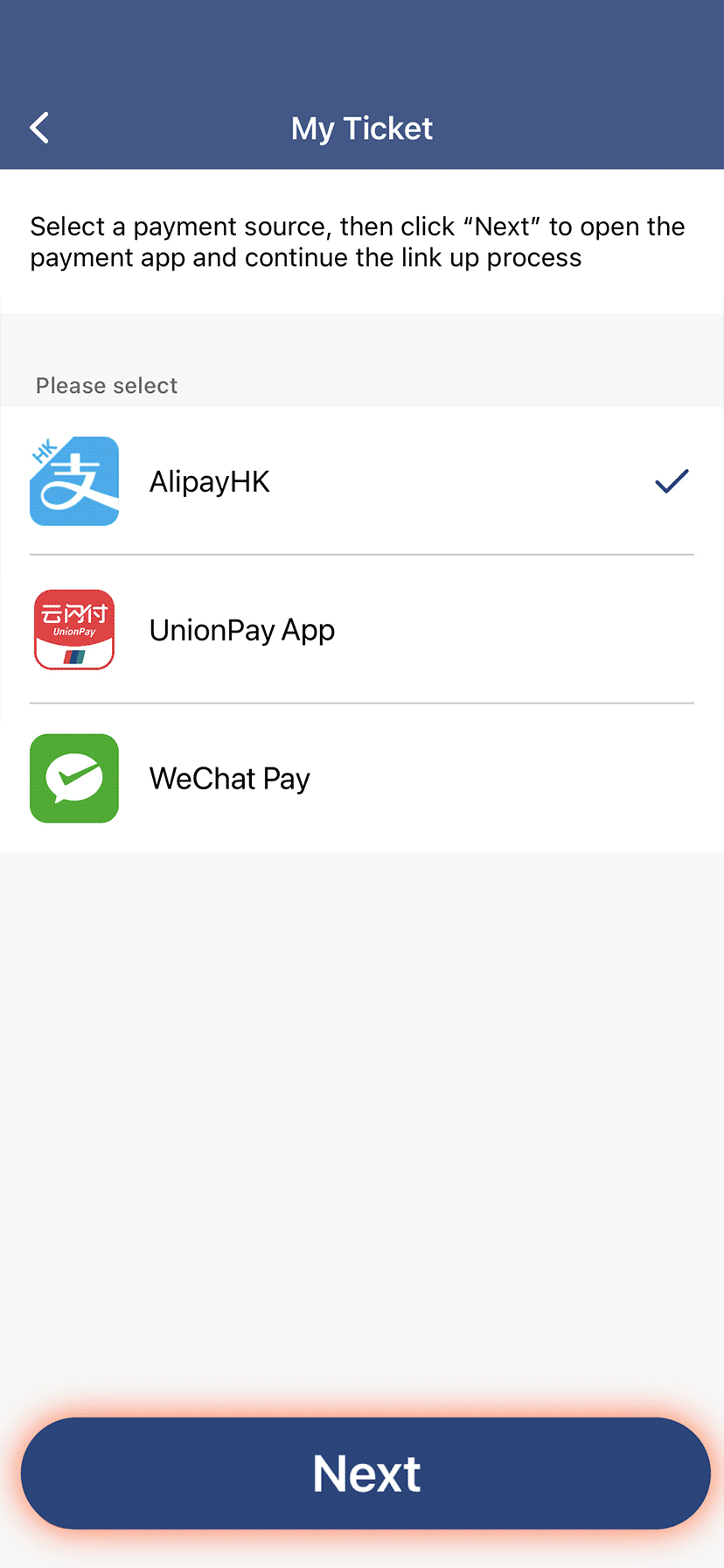 Accept terms and conditions by clicking 'Next'. Tap 'Next' to link an AlipayHK account and you will be redirected to the AlipayHK App.