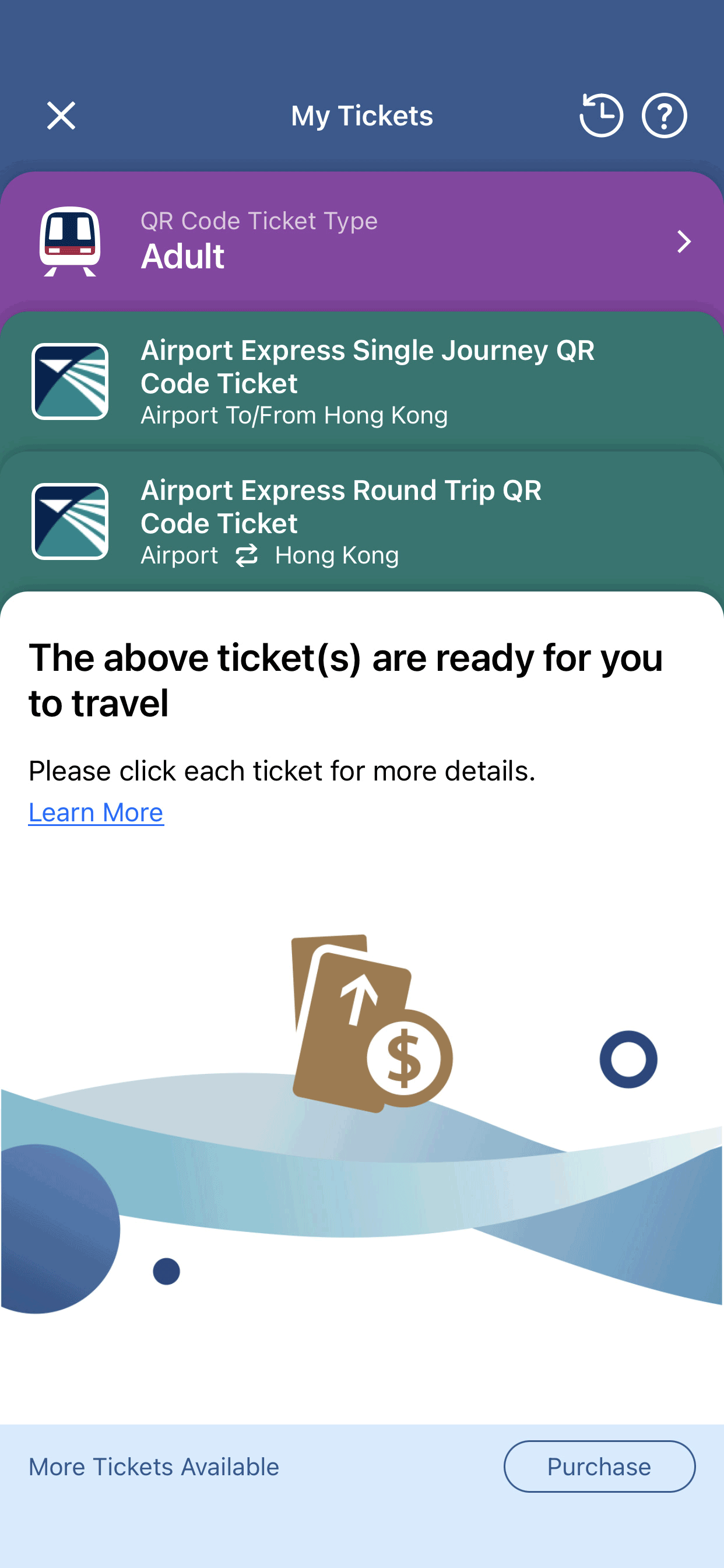 Display all QR Code Tickets, Airport Express Single Journey / Round Trip QR Code Tickets in advance. Select the applicable QR Code Ticket from the list view