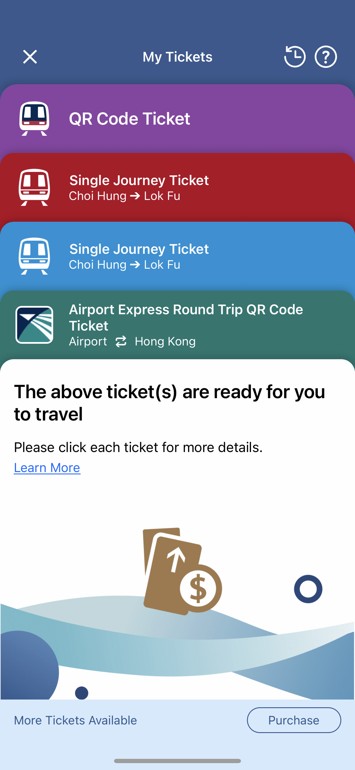 Display all QR Code Tickets, Airport Express Single Journey / Round Trip QR Code Tickets in advance. Select the applicable QR Code Ticket from the list view