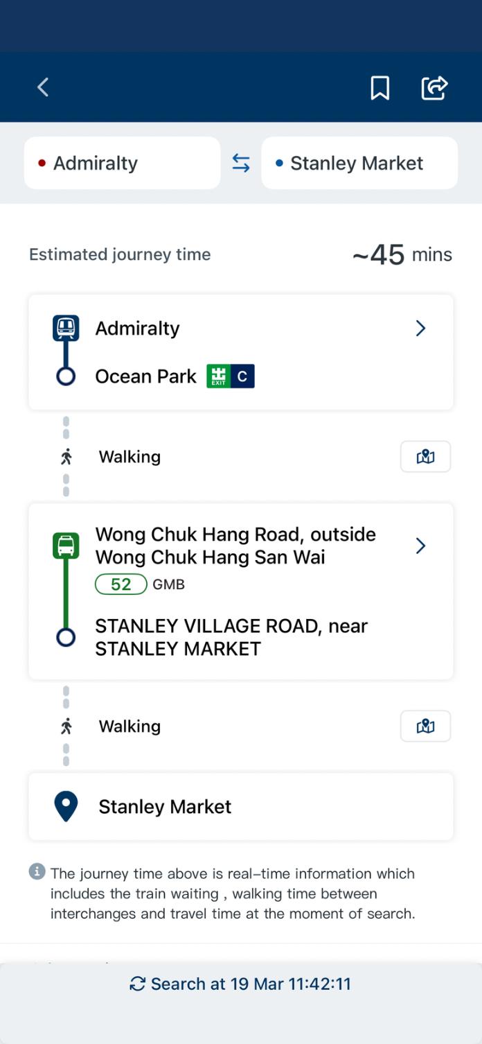If no MTR route is found, Trip Planner will provide other public transportation routes and taxi options.